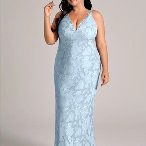 Azazie Tianna Sky Blue Lace V-Neck Wedding Dress